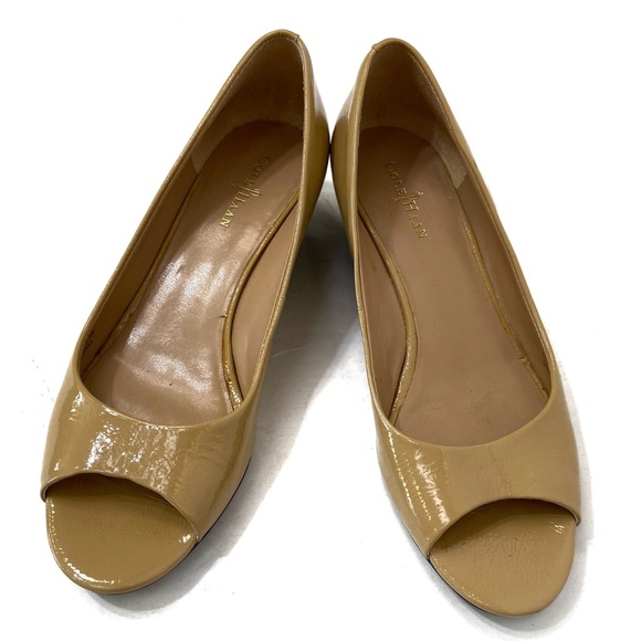 COLE HAAN PATENT LEATHER PEEP TOE PLATFORM PUMPS WEDGES